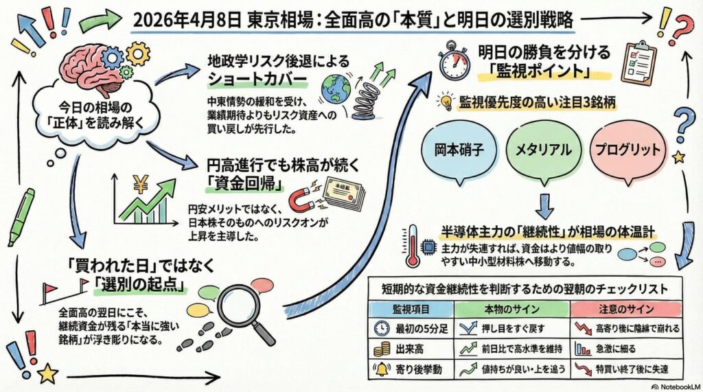 【4月8日相場総括】歴史的急騰の裏で何が買われたのか？明日につながるストップ高候補と短期資金の行き先を数値で読む